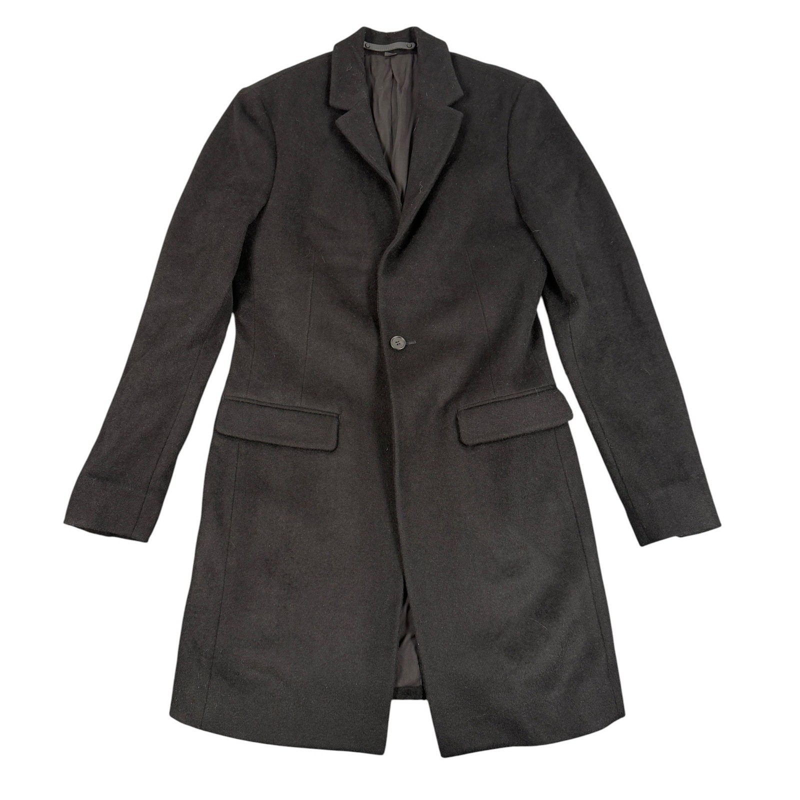 AllSaints Bodell Men XS Black Wool Blend Single Breasted Slim Fit Long Jacket