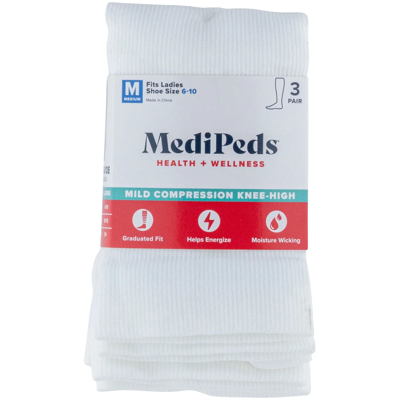 MediPeds Womens whte Mild Compression Knee High Support Socks, 3 Pair Shoe 10-13