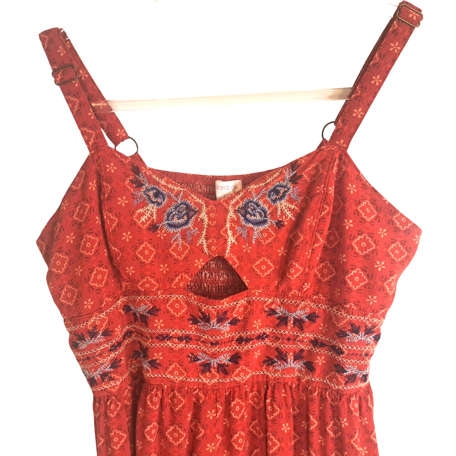 Xhilaration Embroidered Cutout Maxi Dress Womens L Red Strappy Western Sundress