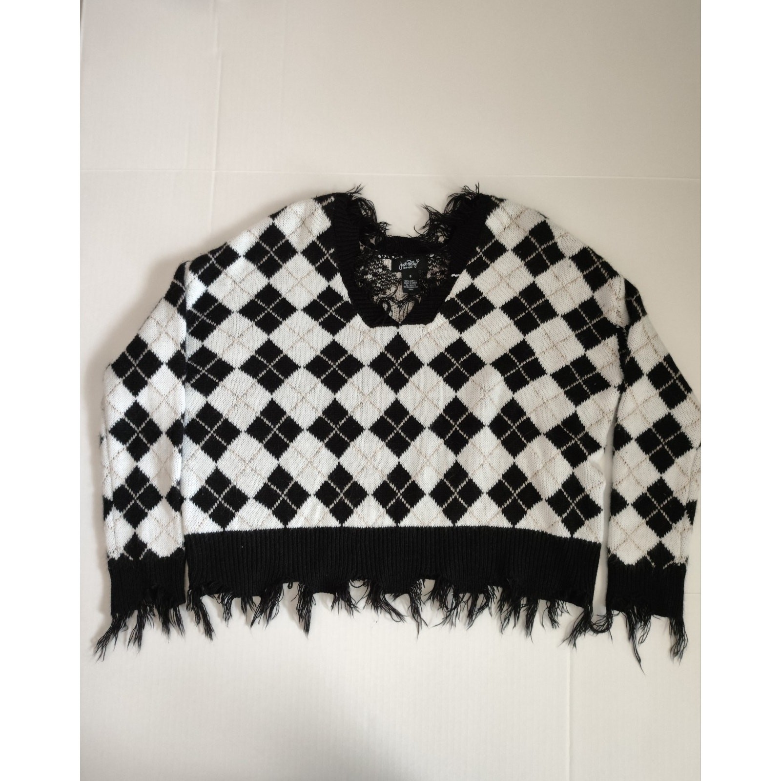 Copied – Just Polly New York Knit Argyle Cropped Fringe Sweater Women’s Size S