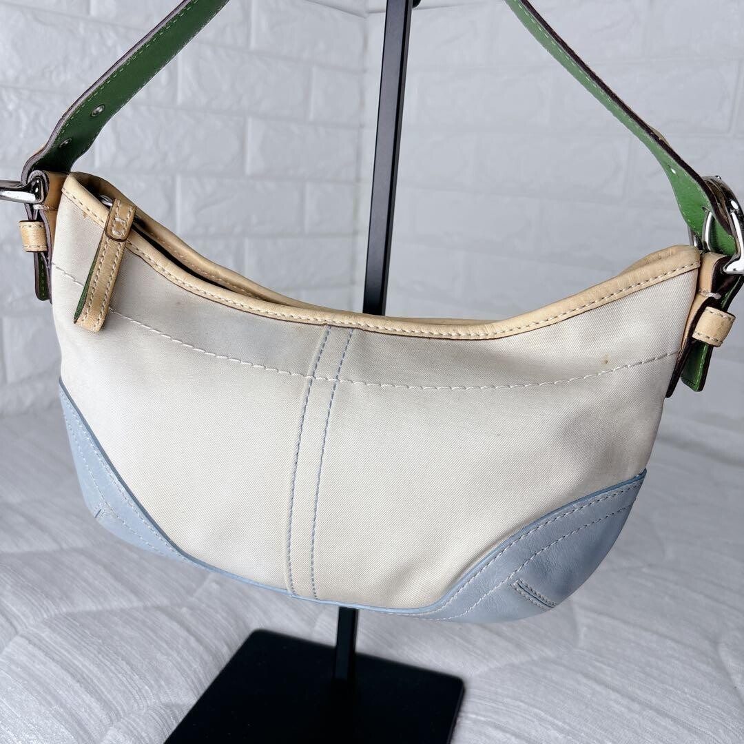 COACH 4431 Half Moon Shoulder Bag Beige Canvas Light Blue Leather Green Auth