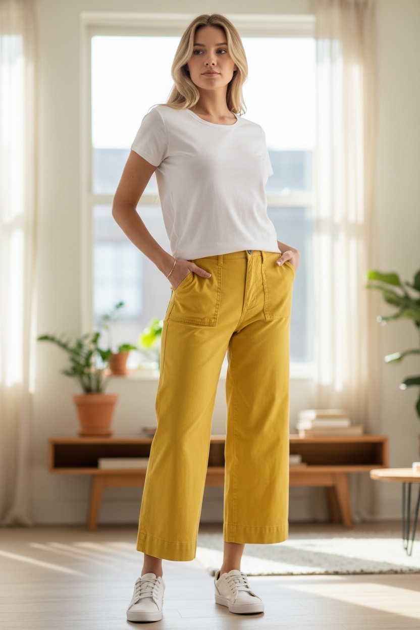St. John’s Bay Women’s Wide Leg High Rise Cropped Pants Ladies | Mustard | NEW