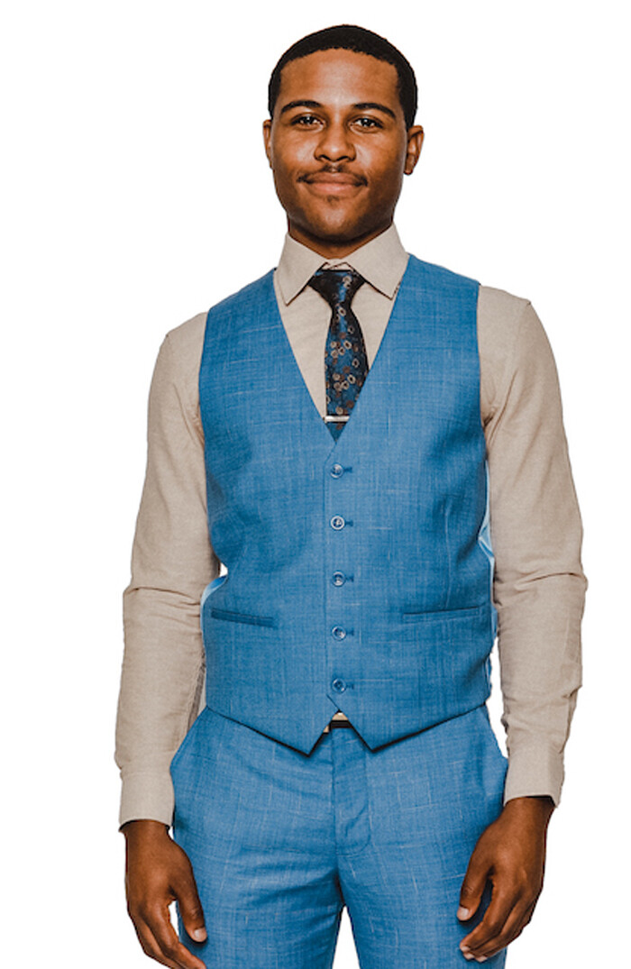 Slim Fit Blue Windowpane 2 Button 3 Piece Vested Notch Lapel Suit By AZARMAN NEW