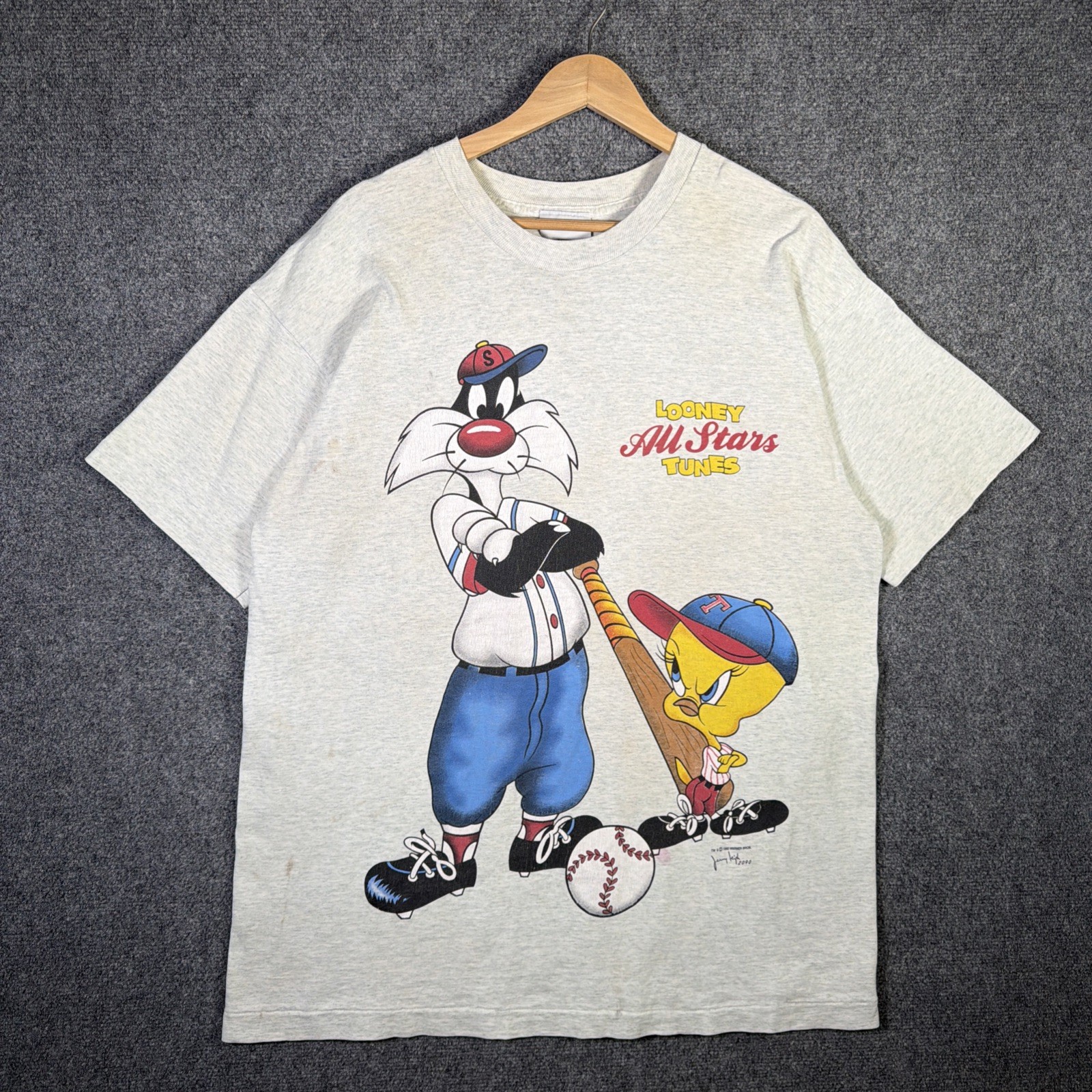 Vintage Looney Tunes Shirt Mens XL Gray 90s Baseball Cartoon All Stars Sports