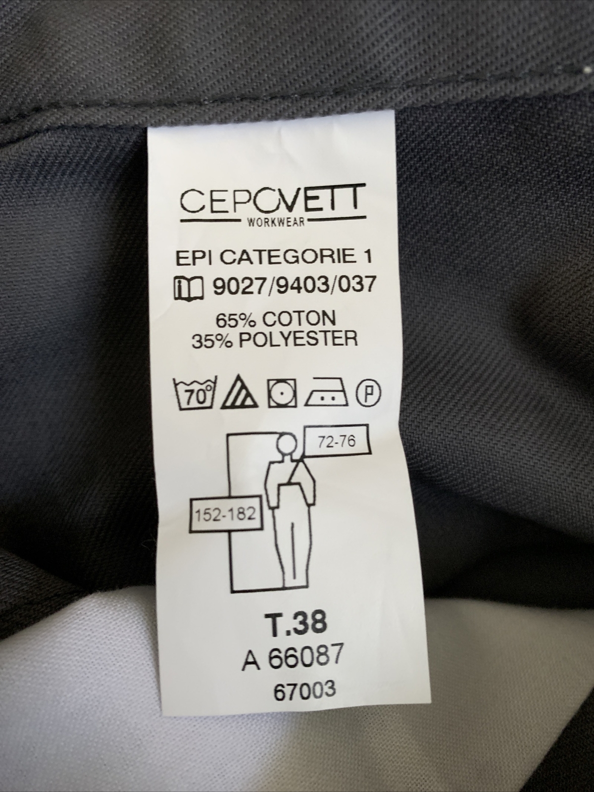 CEPOVETT T.38 Workwear Pants EPI Category 1 9027-9403-037 NWT Gray