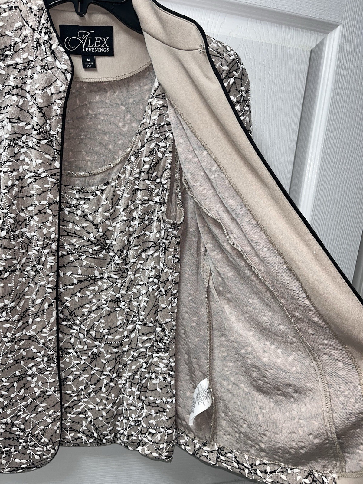 Alex Evenings 2-Piece Glitter Knit Mandarin Neck Jacket & Tank Set M Beige