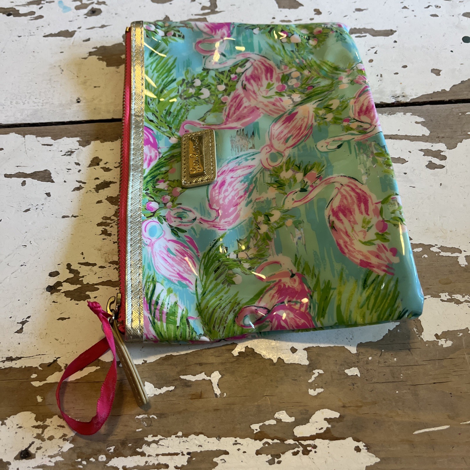 Lilly Pulitzer Pink Flamingo Vinyl Pouch bag zip Pencil Case makeup 8.75”x6”