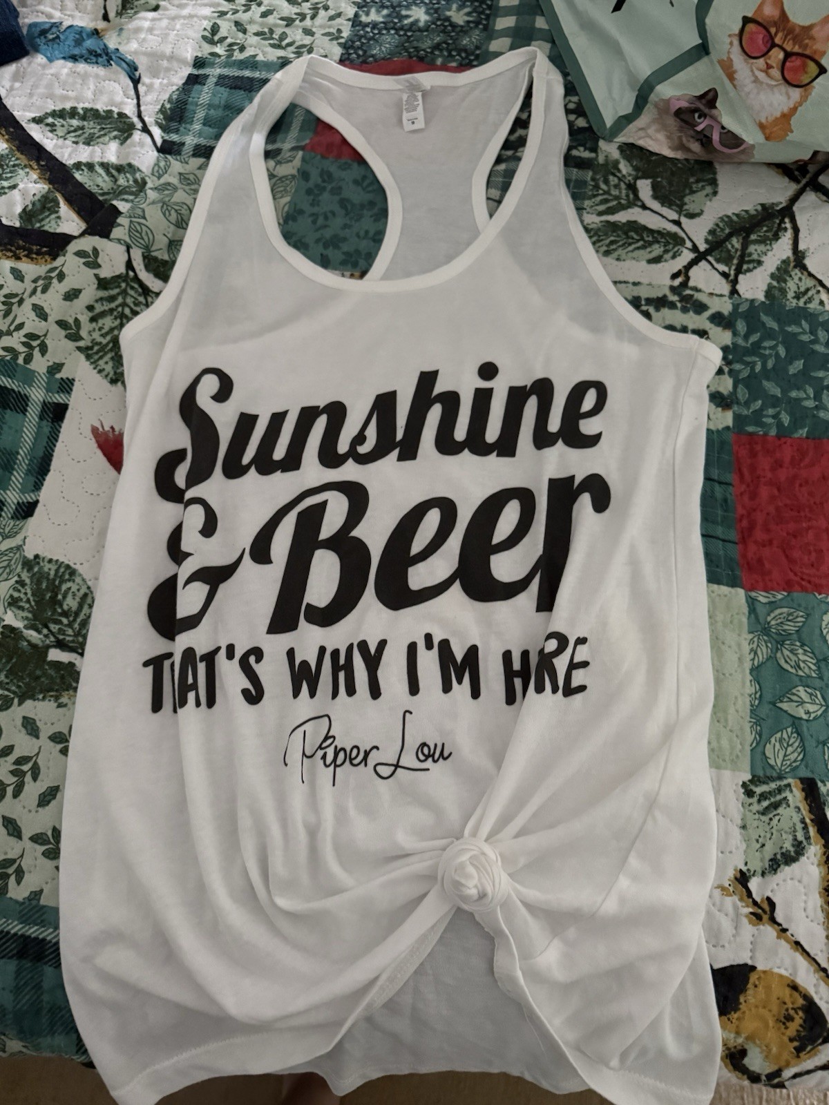 Ideal Women’s M White Racerback Tank Top Piper Lou Sunshine & Beer Graphic