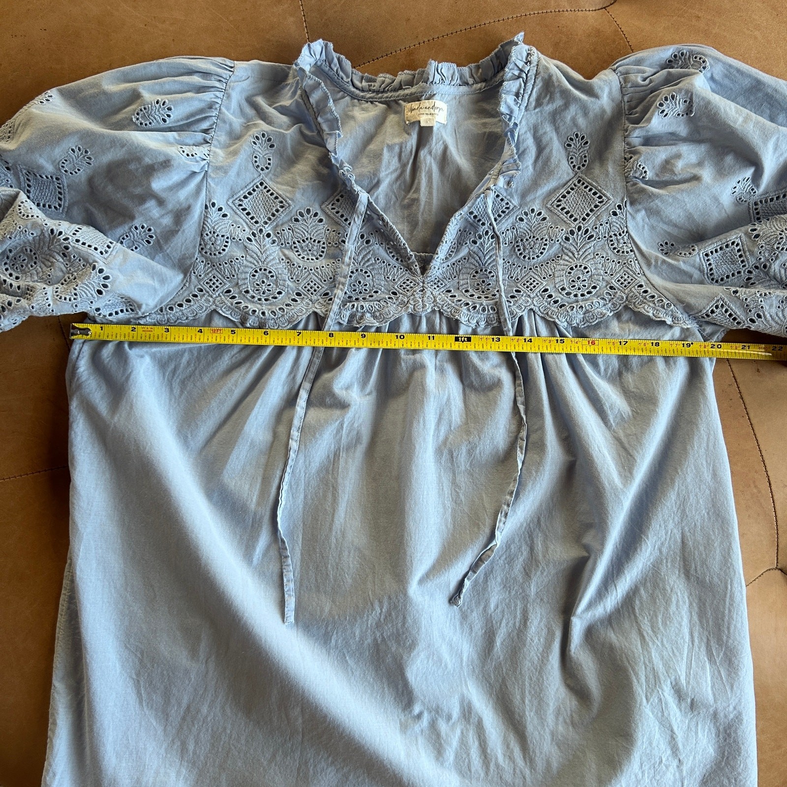 Cotton Eyelet Prairie Peasant Top Puff Sleeve Blue Romantic Cottagecore Blouse M