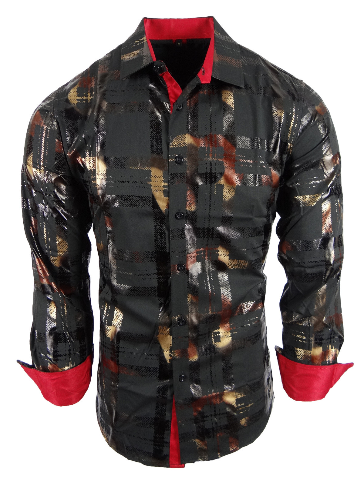 Mens Shirt Designer Plaid Print Bronze Leaf Foil Overlay Stretch Slim Fit Button