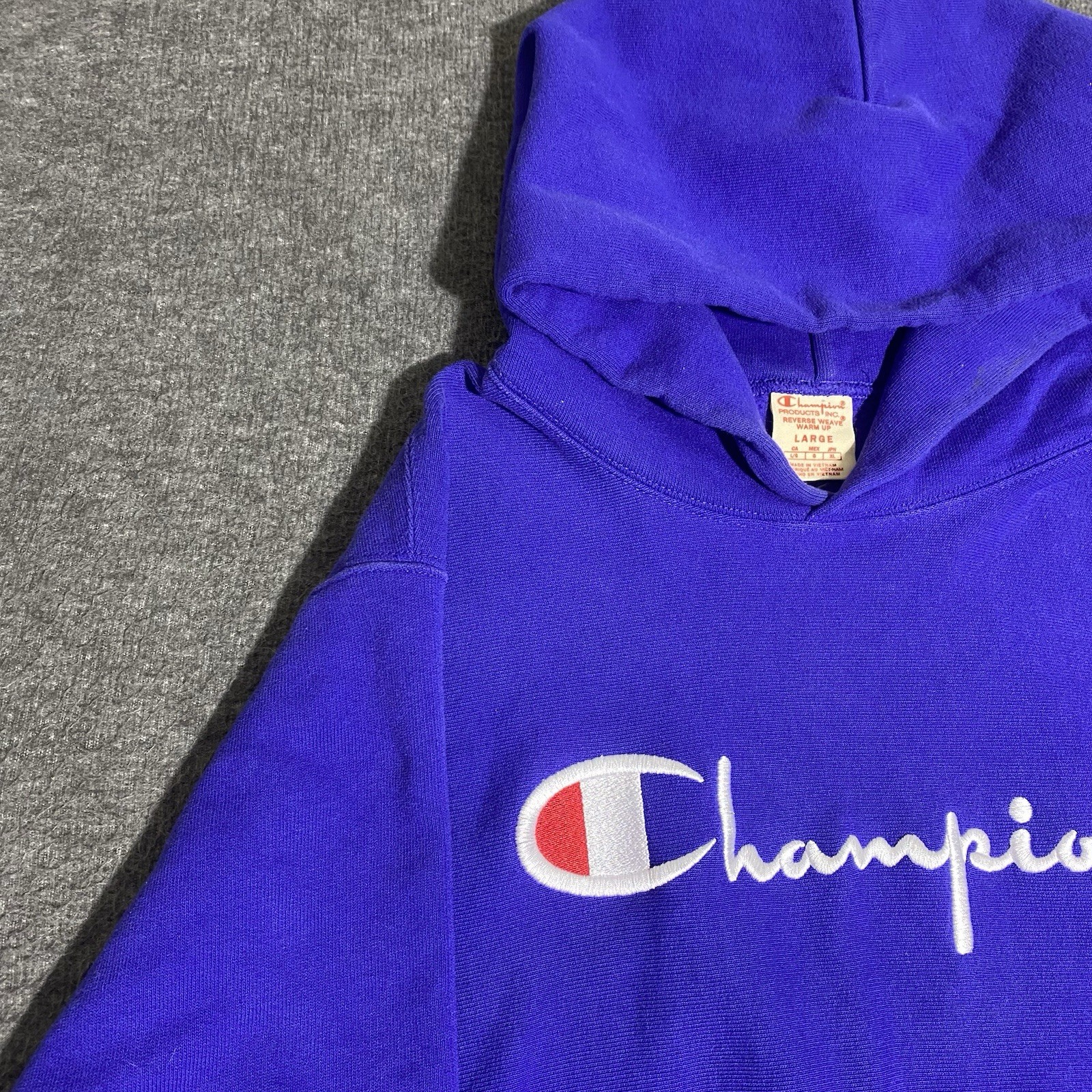 Vtg Champion Reverse Weave Large Blue Embroidered Pullover Hoodie Warm Up Script