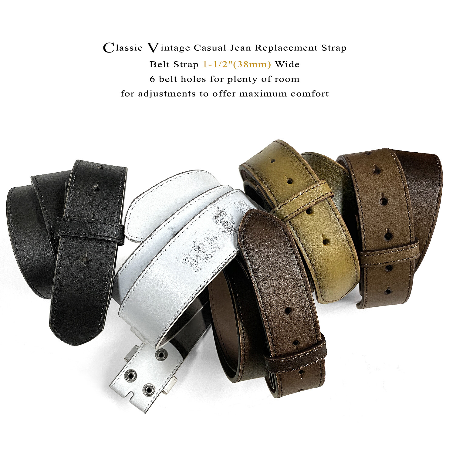 Distressed Casual Jean Replacement Strap Genuine Leather Belt Strap 1-1/2″ Wide