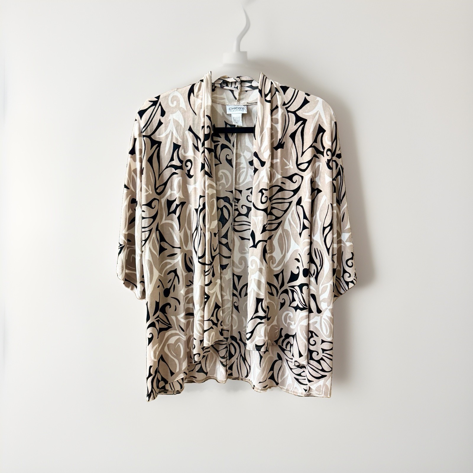 Chico’s Travelers Women’s 1 Knit Open Front Drape Abstract 3/4 Sleeve Cardigan