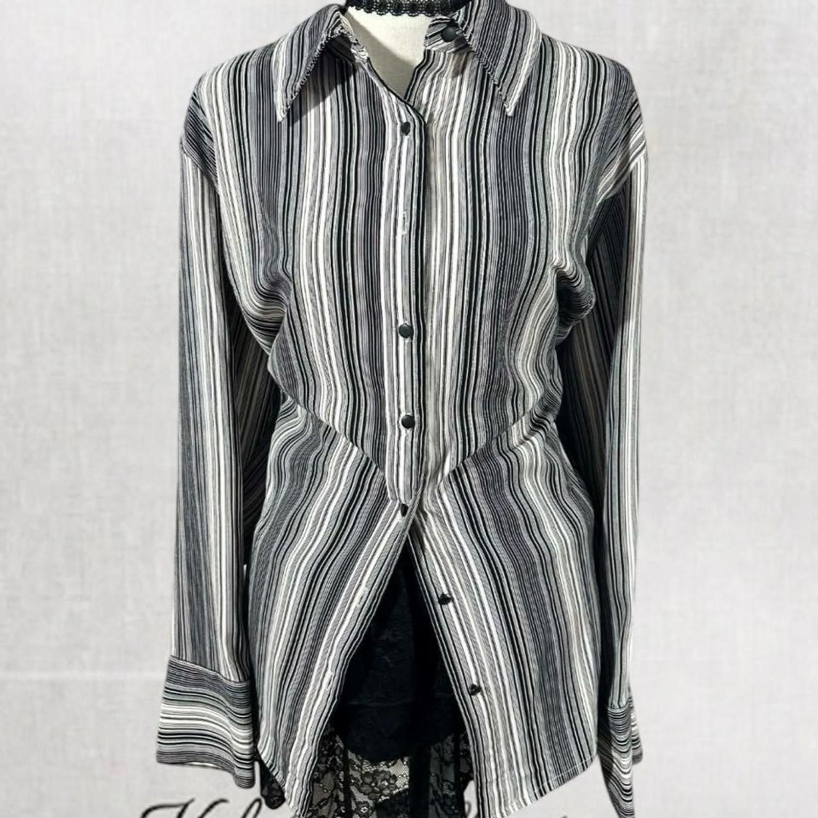 Vintage Style Grunge Pinstripe Long Sleeve Button Up Top
