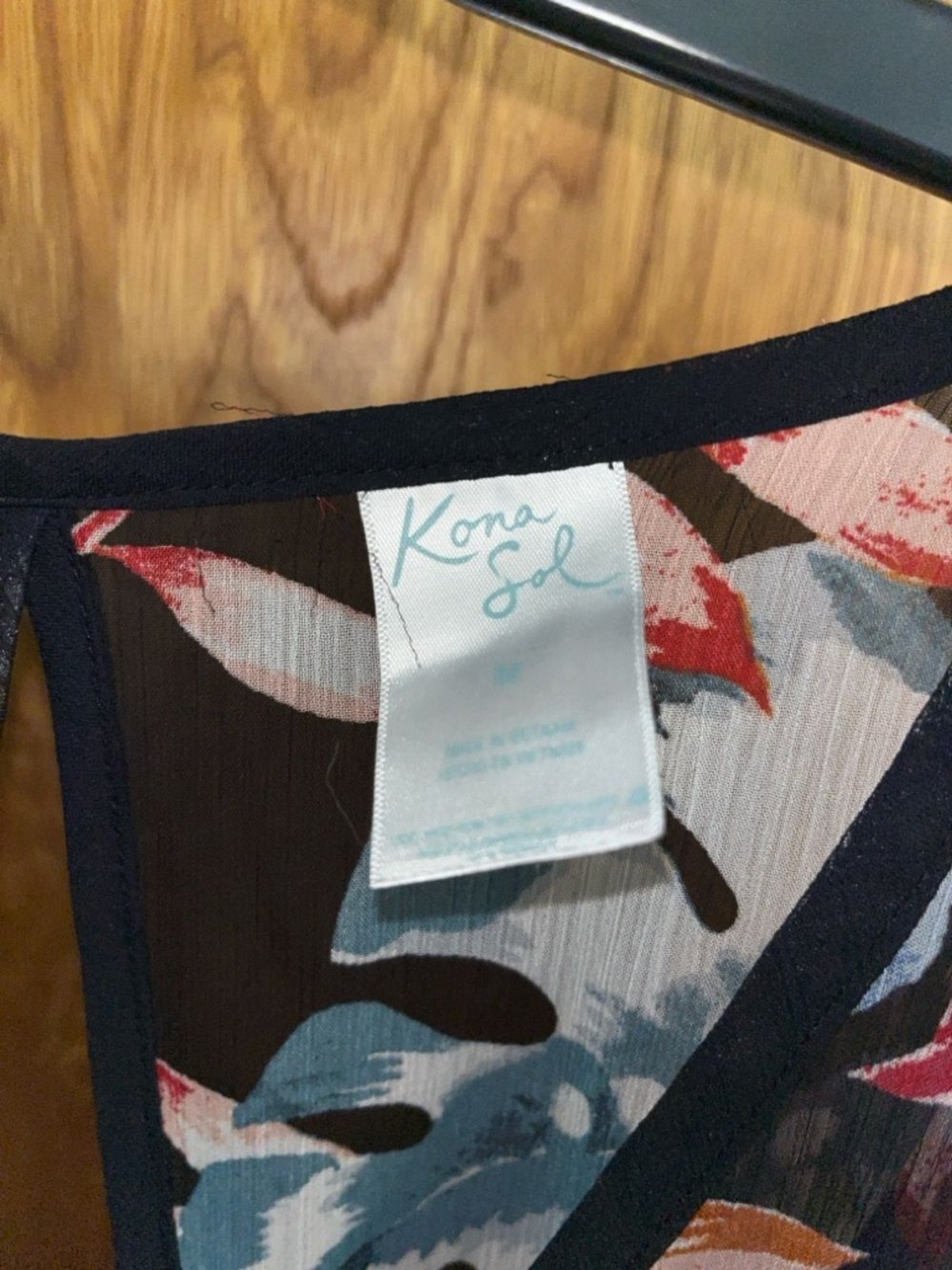 Kona Sol Black Floral V-Neck Tunic with Blue and Coral Leaves