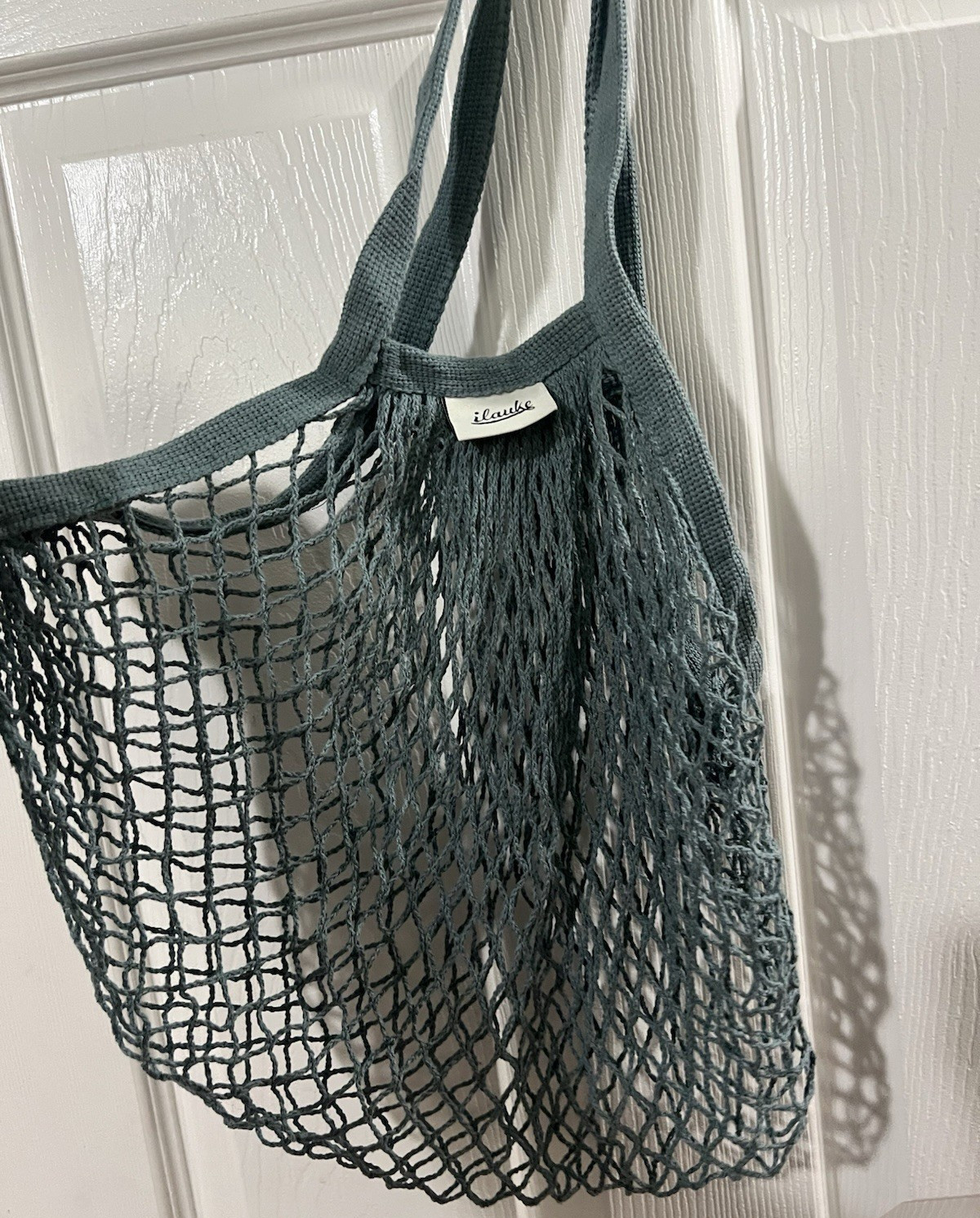 Ilauke Reusable Cotton Knit Mesh Net Tote Bag in Teal color, Lightweight beach.