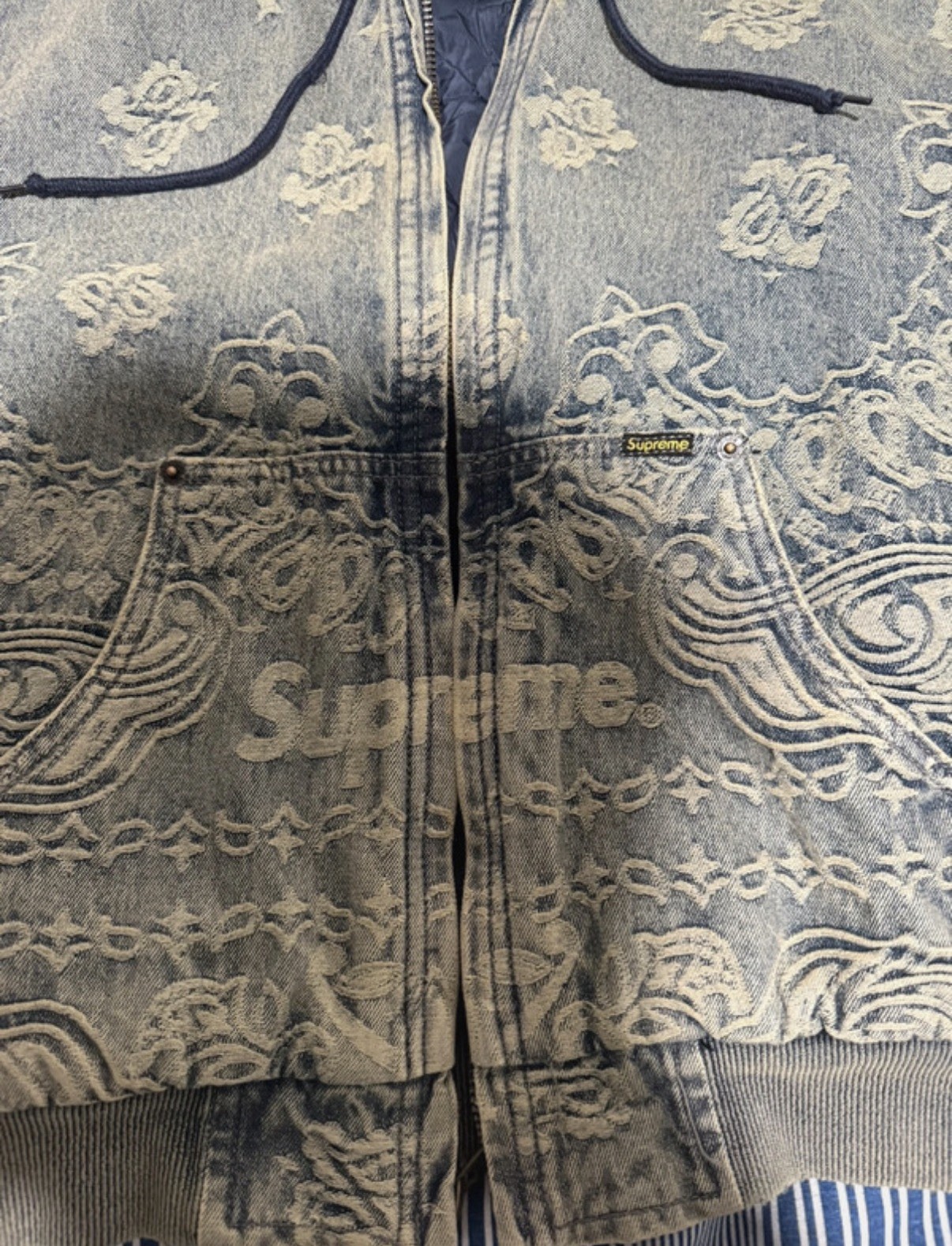 Supreme Bandana Jacquard Denim Jacket Fur Trim Full Zip Men’s Size S