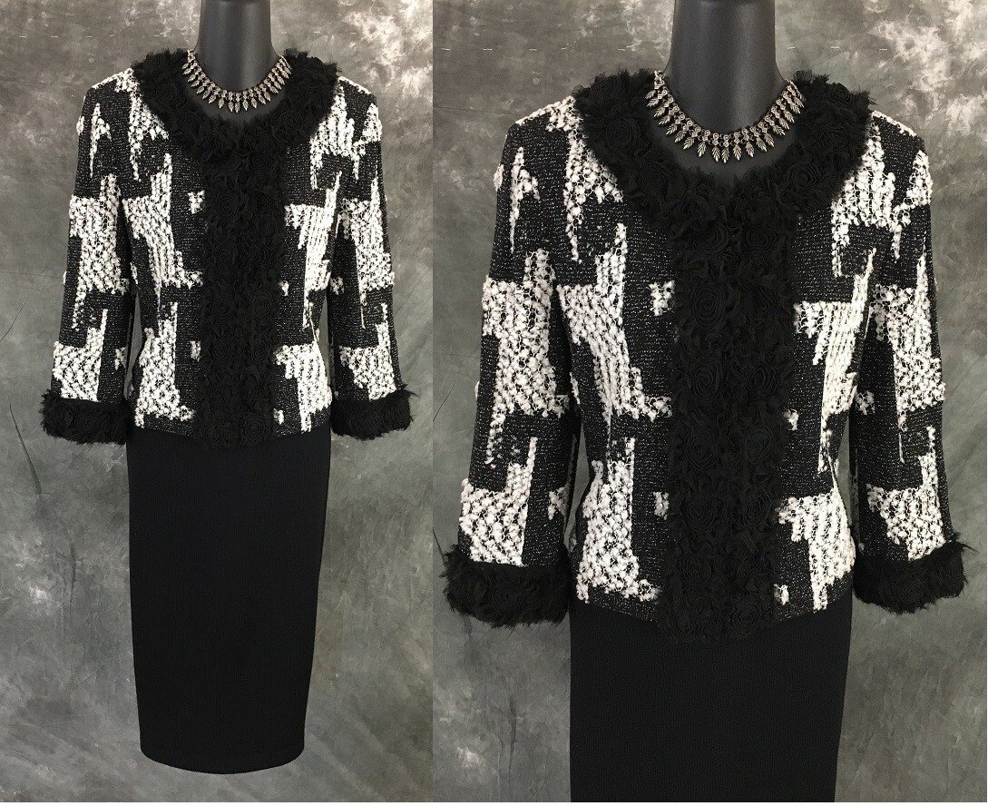 BEAUTIFUL St John couture knit black white jacket skirt suit size 6