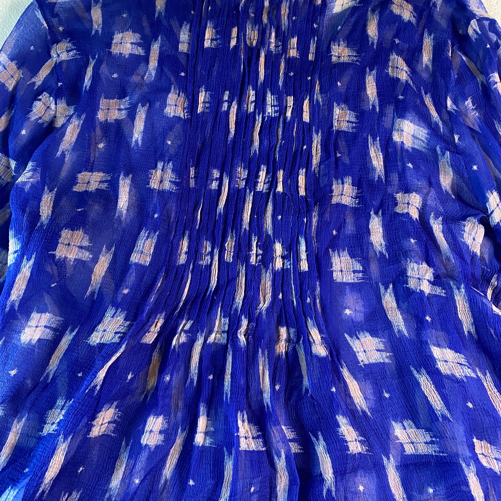 Paradigma Sheer Blue Blouse Small Silk Look Ikat Print Tunic Top w/ Cami