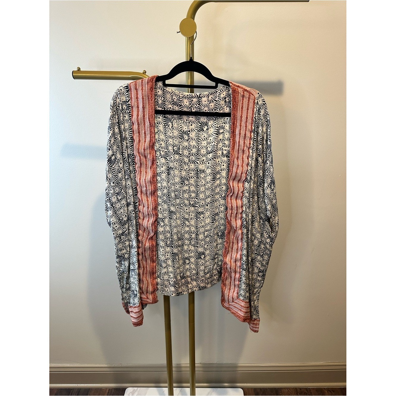 Printed Boho Kimono with Coral Trim Women’s One Size