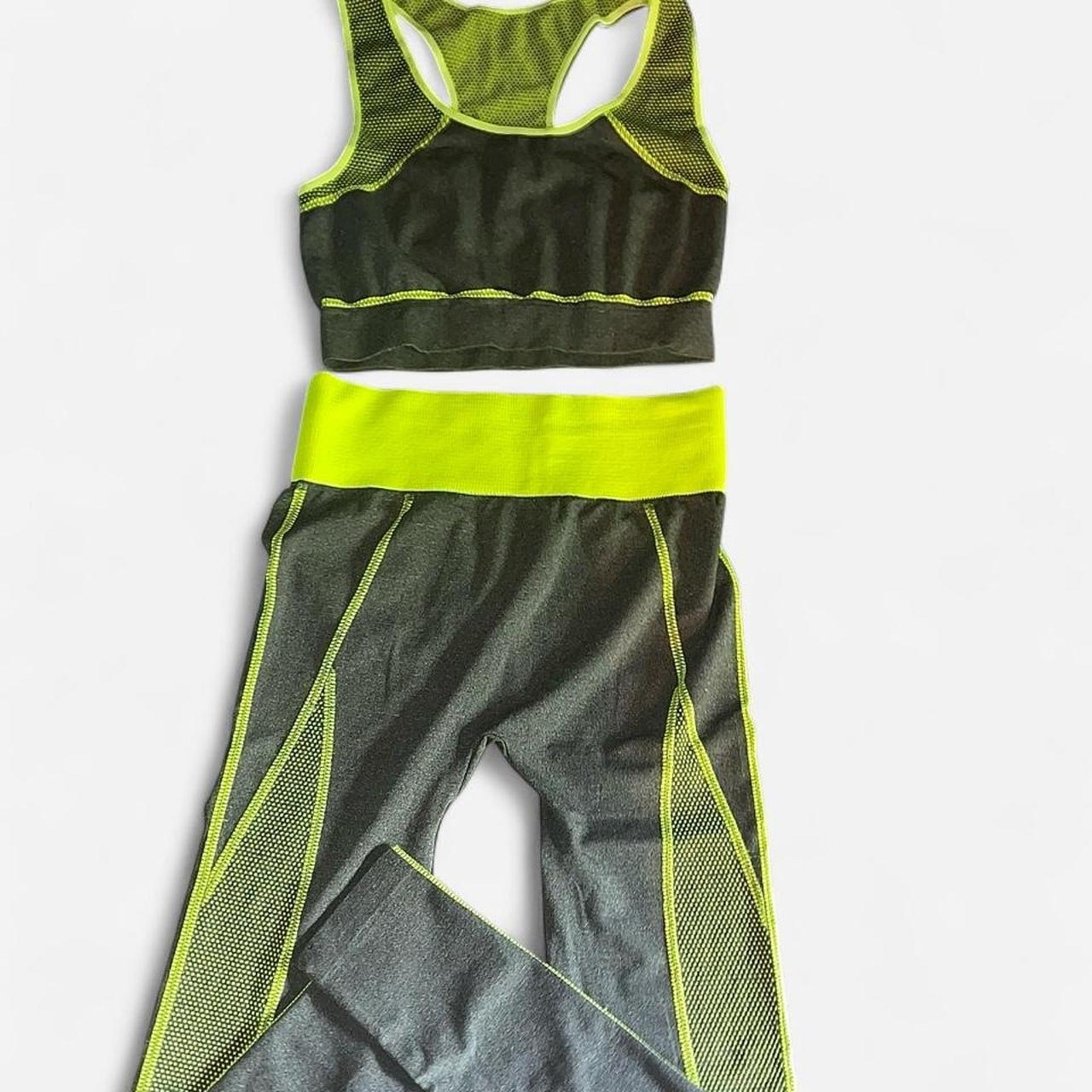 Blue Star Neon Yellow Lime Charcoal Leggings Sports Bra Set – Size L/XL