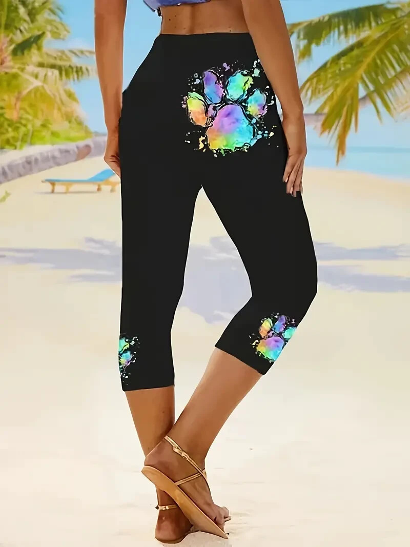 Colorful Paw Print Skinny Casual Elastic Waist 3/4 Capri Leggings NWT