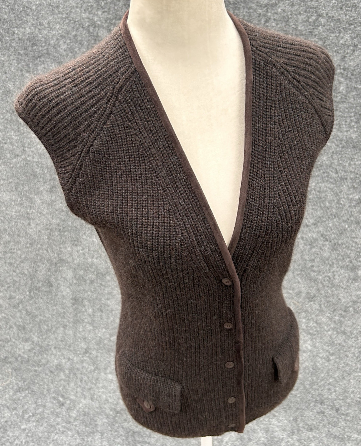 LORO PIANA Italy 100% Cashmere & Suede Goatskin Dark Brown Sweater Vest 40 Small