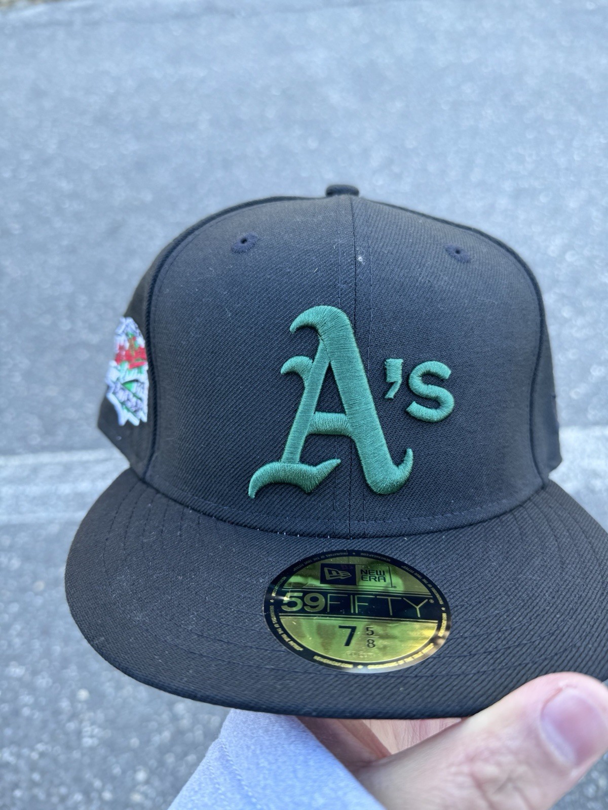 NEW ERA OAKLAND ATHLETICS 59FIFTY FITTED HAT A’s BLACK GREEN 1989 WS PATCH RED