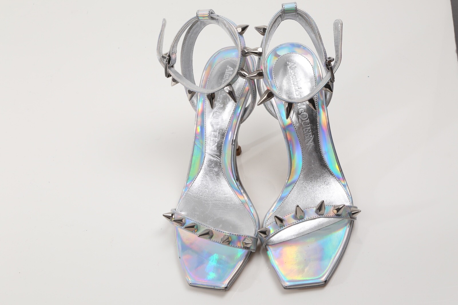 Alexander McQueen Metallic Silver Patent Leather Strappy Heel Sandals Size 37.5