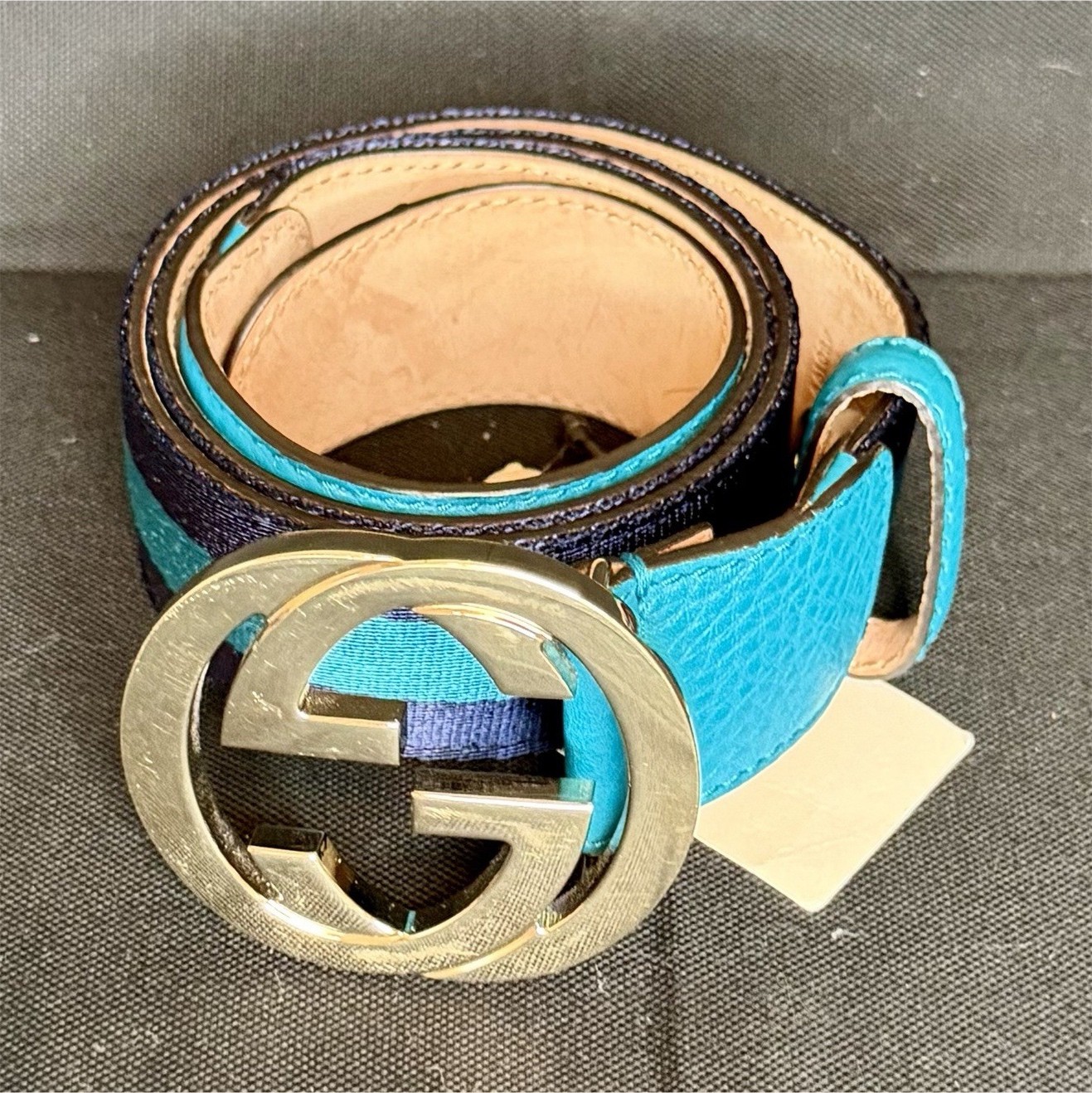 Gucci Blue/Navy Striped Web Belt w/ Gold GG Buckle (80 cm)