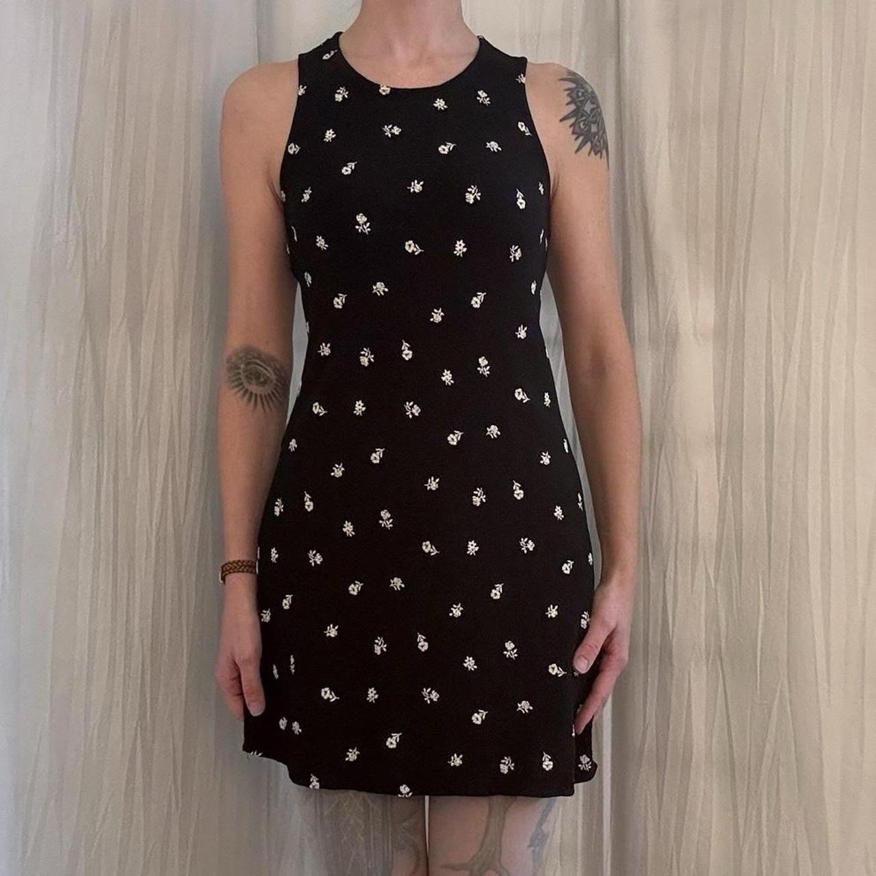 Black Sleeveless Mini Dress With White Flowers VTG 90s Breakin’ Loose XS Pebbled
