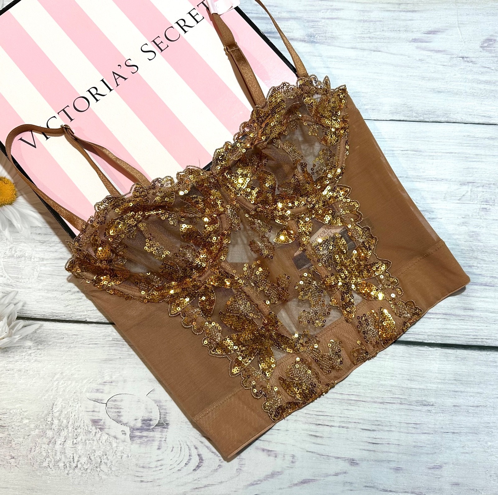Victoria’s Secret Gold Sequined Ziggy Floral Embroidery Unlined Corset/Bra Top
