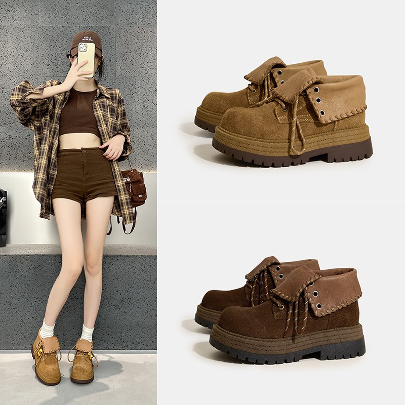Real Leather Suede Ankle Boots Womens Platform British Thick Soled Casual Shoes