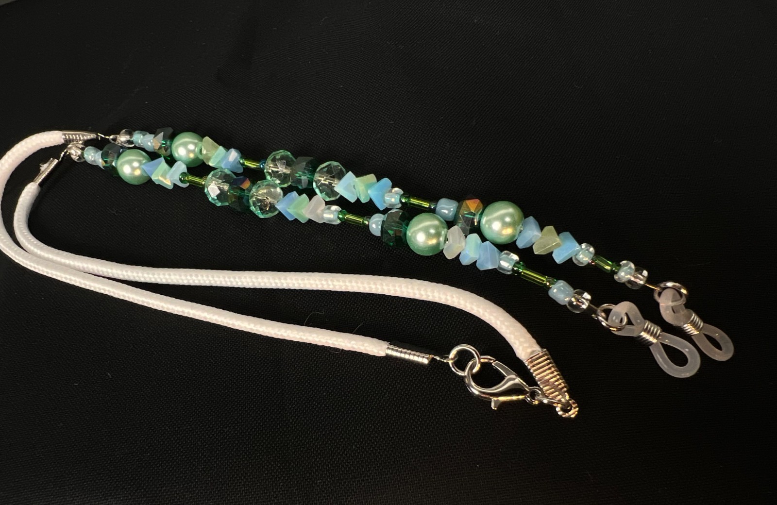 Handmade Eyeglass Chain: Crystal Glass Beads, Teal, Green, Blue, Sea Glass Look