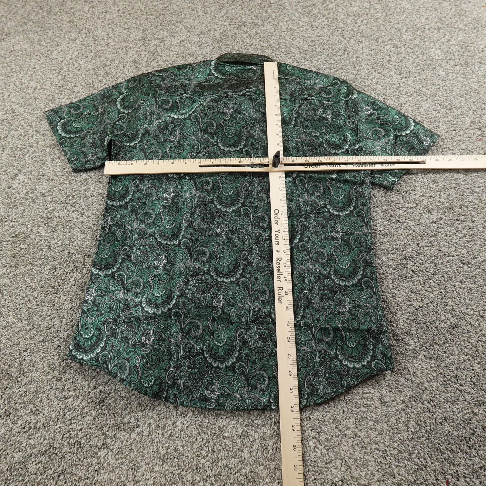 NEW BARRY WANG Shirt Mens S Green Paisley Short Sleeve Button Up Party Dress Top