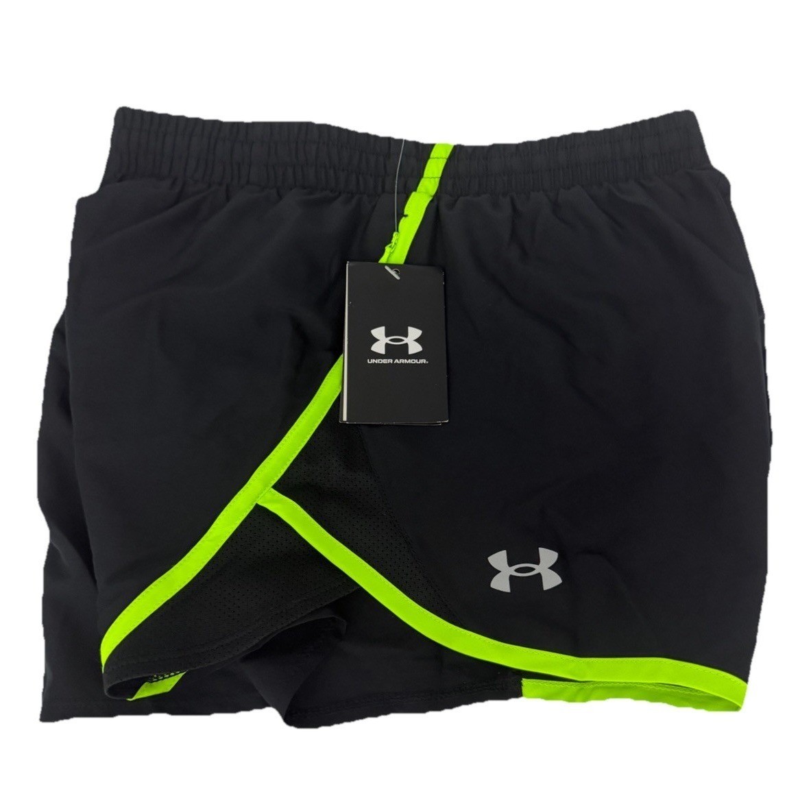 Under Armour Women’s Fly by Shorts, Black/Hyper Green/Reflective Size M New