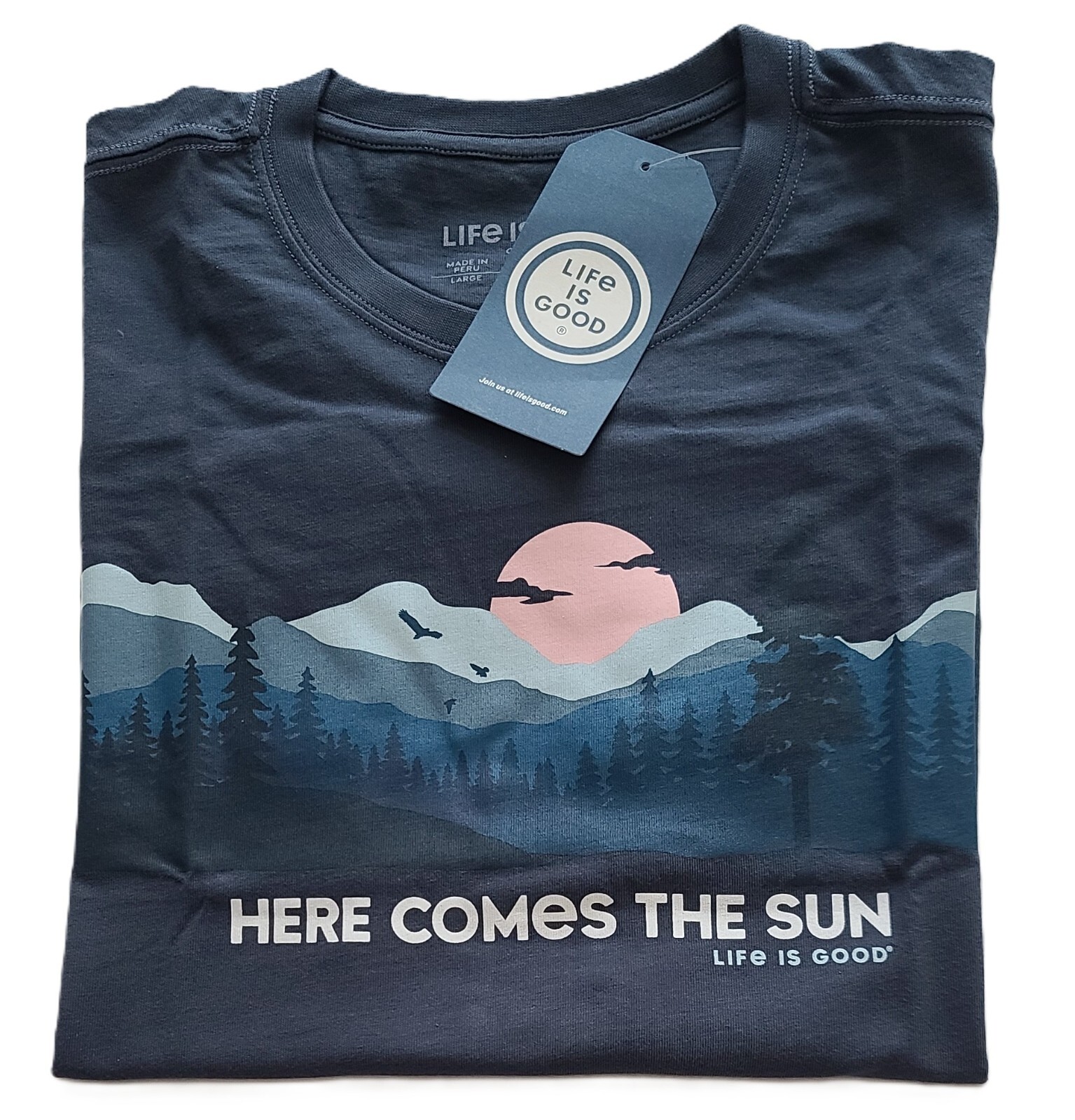 Life Is Good SS Shirt Crusher Tee HERE COMES THE SUN Mountains 47in Womens XL