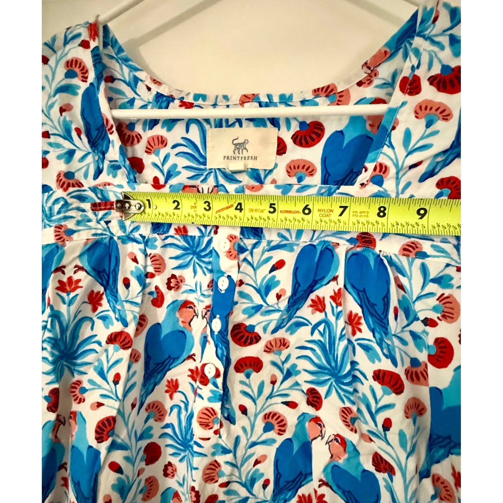 Printfresh Parrot Print Top Large Excellent Blue Tropical Floral Button Front