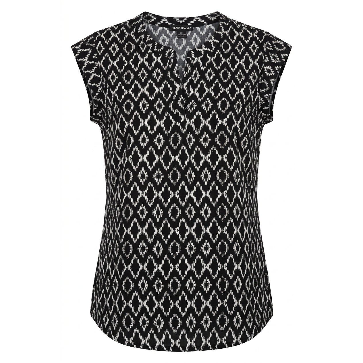 Hilary Radley Womens Black White Ikat Diamond Print Split Neck Blouse Size Med