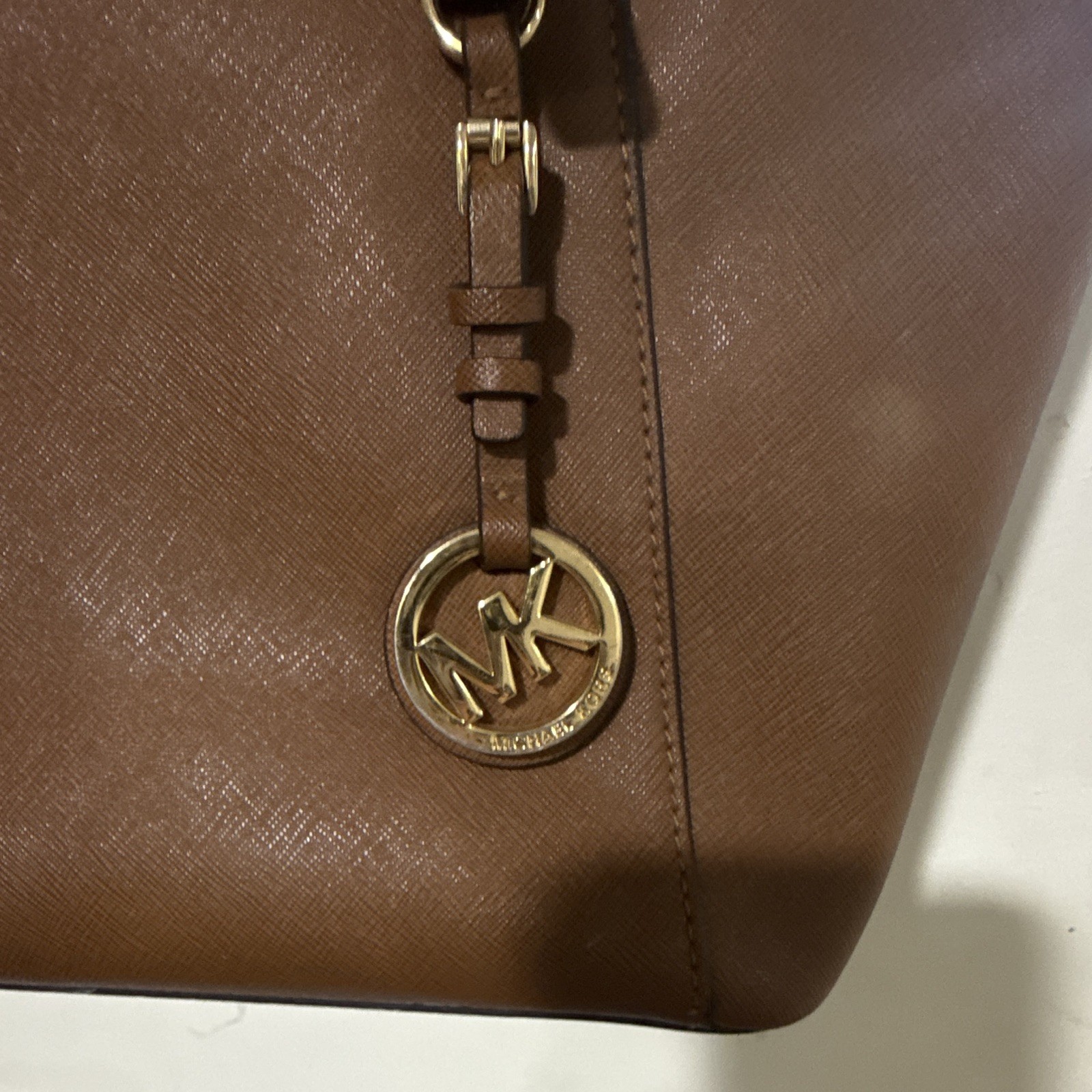 Michael Kors Brown Medium Tote Bag, Zip Top, Lined Pockets, Gold Charm