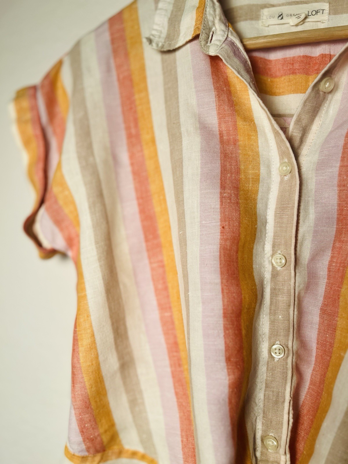 Lou & Grey Top XS Pastel Stripe 100% Linen Button Up Twist Front Shirt Boho