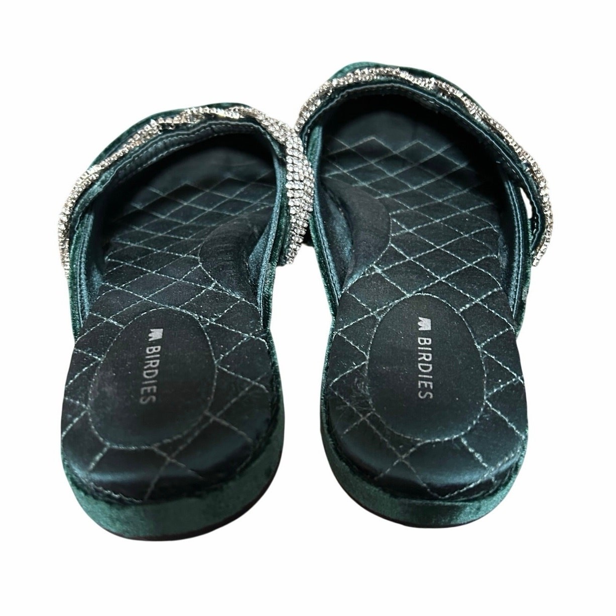 Birdies “the Swan” emerald green velvet and rhinestone strapped slides sz 9