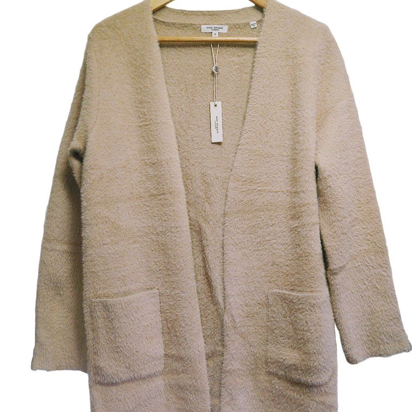 NWT MAX STUDIO LONDON BEIGE OPEN FRONT LONG CARDIGAN/COATIGAN NYLON/POLY M $168