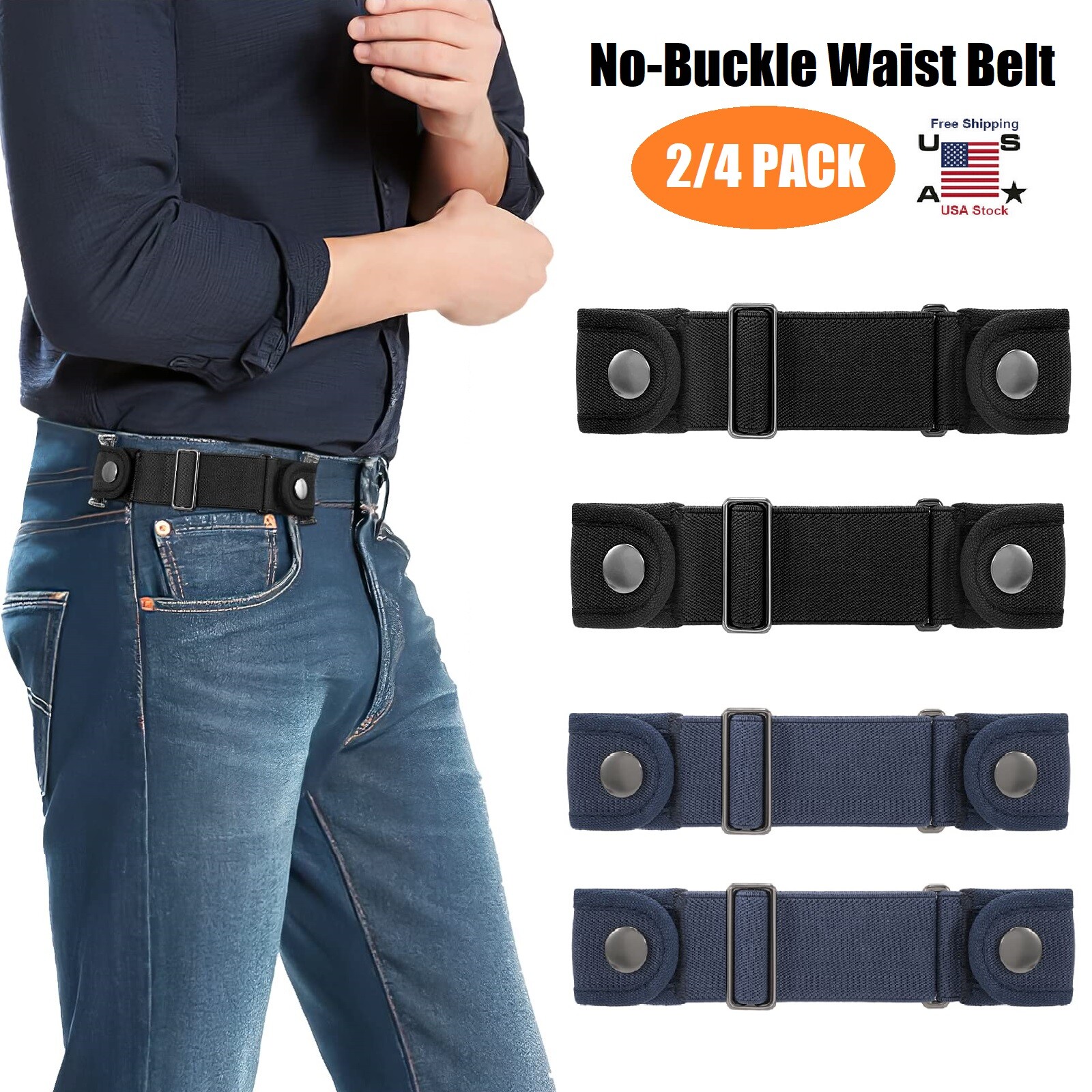 4× No-Buckle Elastic Waist Belt Set Buckle-Free Comfort Stretch Belt Unisex USA