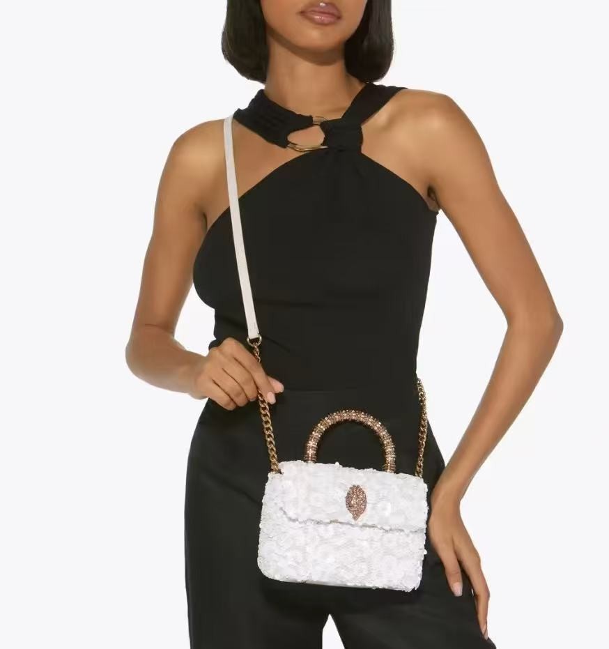 Kurt Geiger London White Sequin Crossbody Crystal Top Handle Eagle 20×8×16 cm