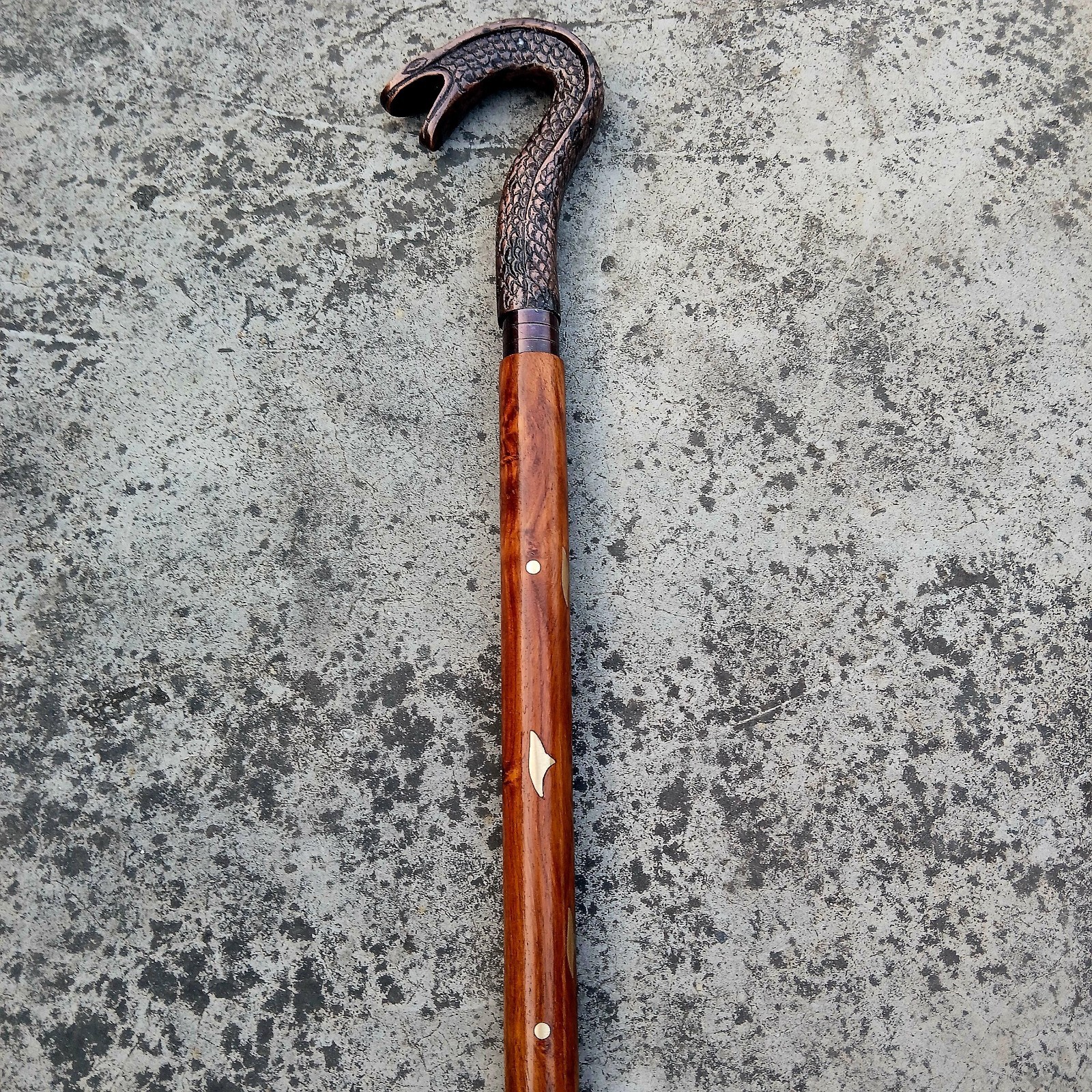 Antique Vintage Brass Snake Head Walking Stick: Decorative Wooden Cane