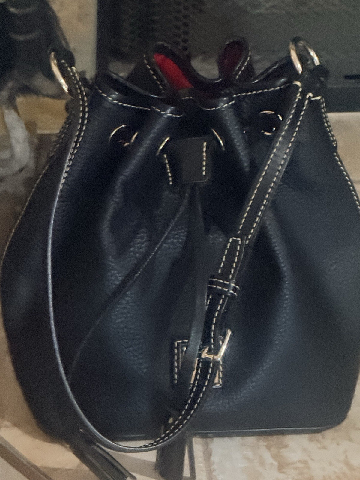 Dooney & Bourke Black Pebbled Drawstring Bucket Bag Tassel, Adjustable Strap