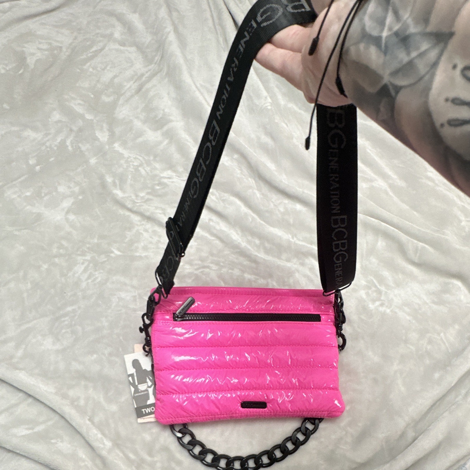 BCBGeneration Pink Quilted Crossbody Bag Black Logo Strap Chain Zip Snap