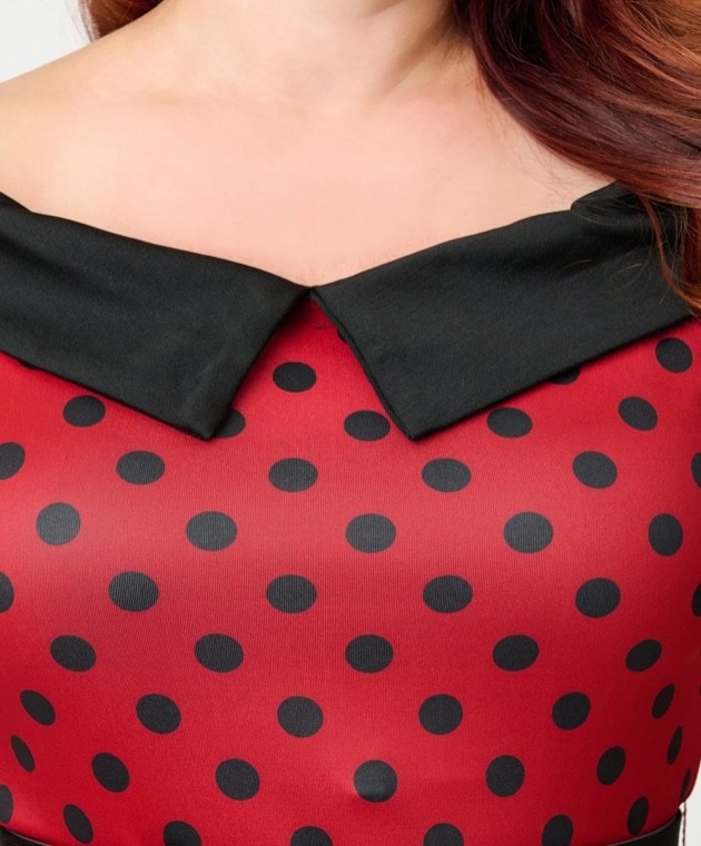 UNIQUE VINTAGE RED & BLACK DOT OFF THE SHOULDER SWING DRESS – NEW – REG & PLUS