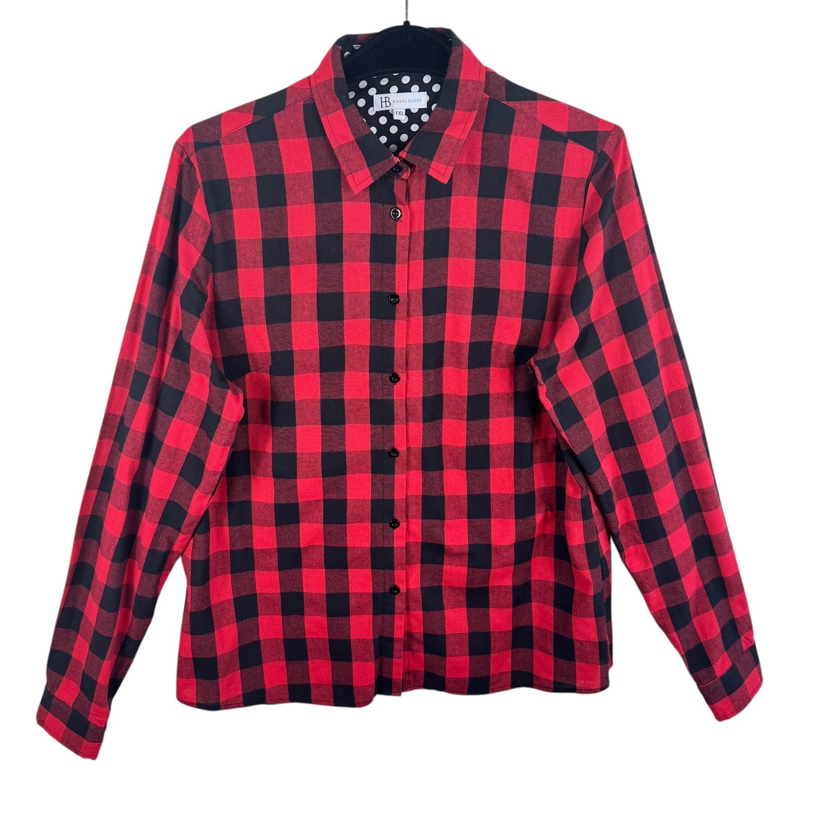 Hazel Blues Womens 1X Red Black Buffalo Plaid Button Down Cotton Farmhouse